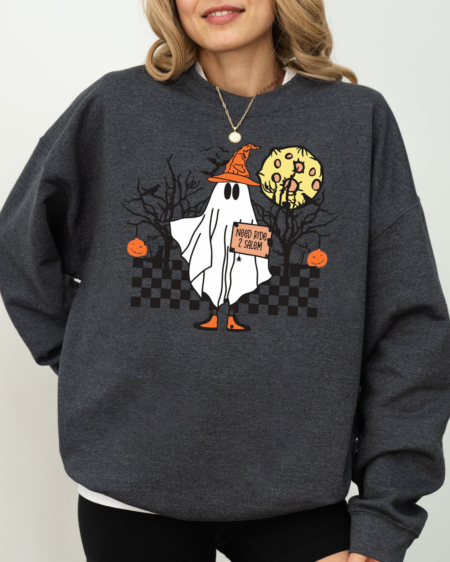 Need Ride to Salem, Ghost, Spooky, Scary, Skeleton, Skull, Western, Witch, Aesthetic, Meme, Halloween, Costume Sweatshirt