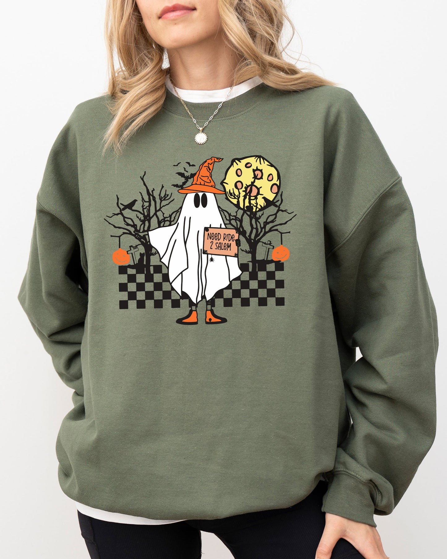Need Ride to Salem, Ghost, Spooky, Scary, Skeleton, Skull, Western, Witch, Aesthetic, Meme, Halloween, Costume Sweatshirt