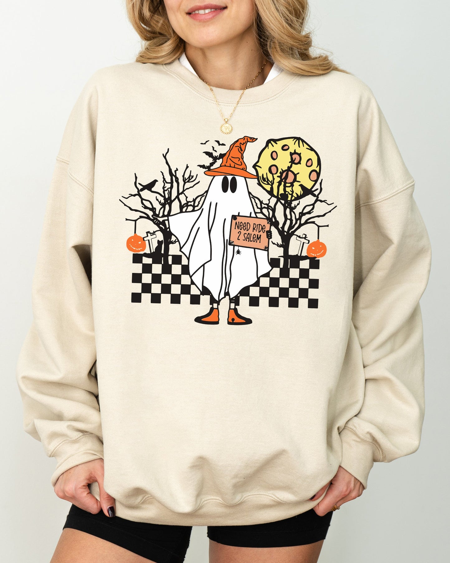 Need Ride to Salem, Ghost, Spooky, Scary, Skeleton, Skull, Western, Witch, Aesthetic, Meme, Halloween, Costume Sweatshirt