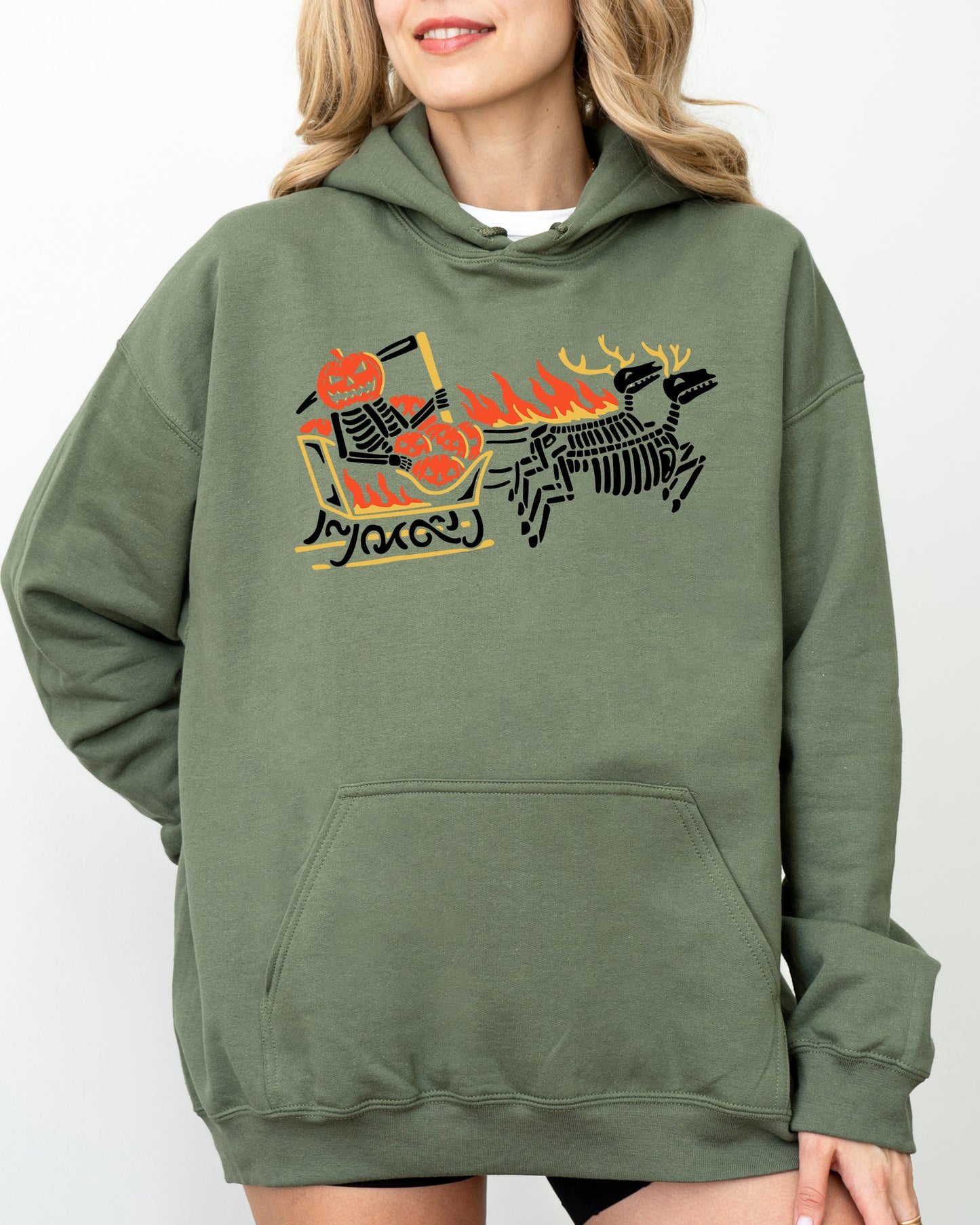 Pumpkin Head, Sleigh, Santa, Skeleton, Ghost, Spooky, Scary, Skull, Western, Witch, Aesthetic, Meme, Halloween, Costume, Hoodie, Hooded Sweatshirt