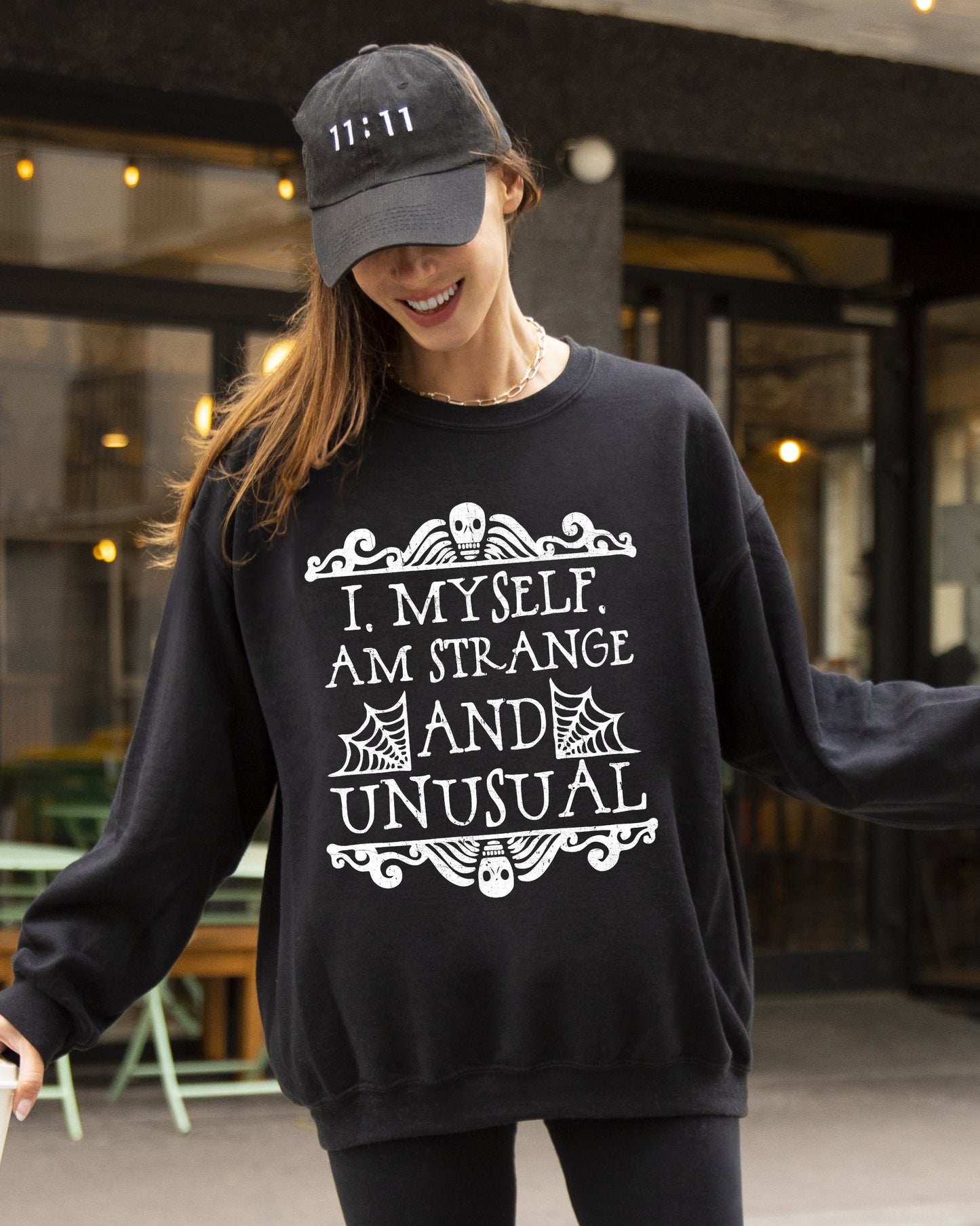 Strange and Unusual, Skeleton, Ghost, Spooky, Scary, Skull, Western, Witch, Aesthetic, Meme, Halloween, Costume Sweatshirt