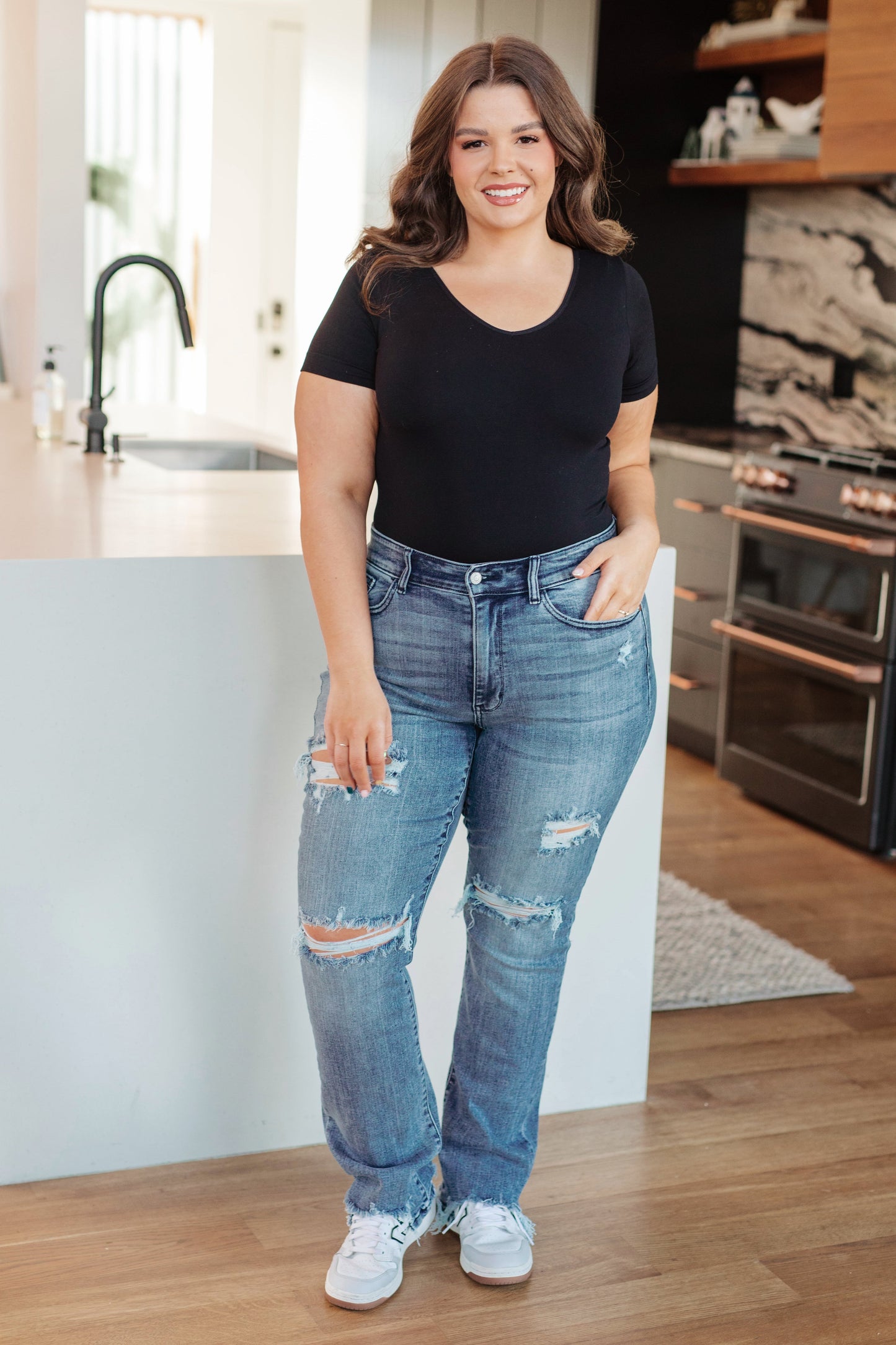 Destroyed Mid Rise Stretch Straight Jeans Judy Blue