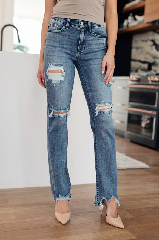 Destroyed Mid Rise Stretch Straight Jeans Judy Blue