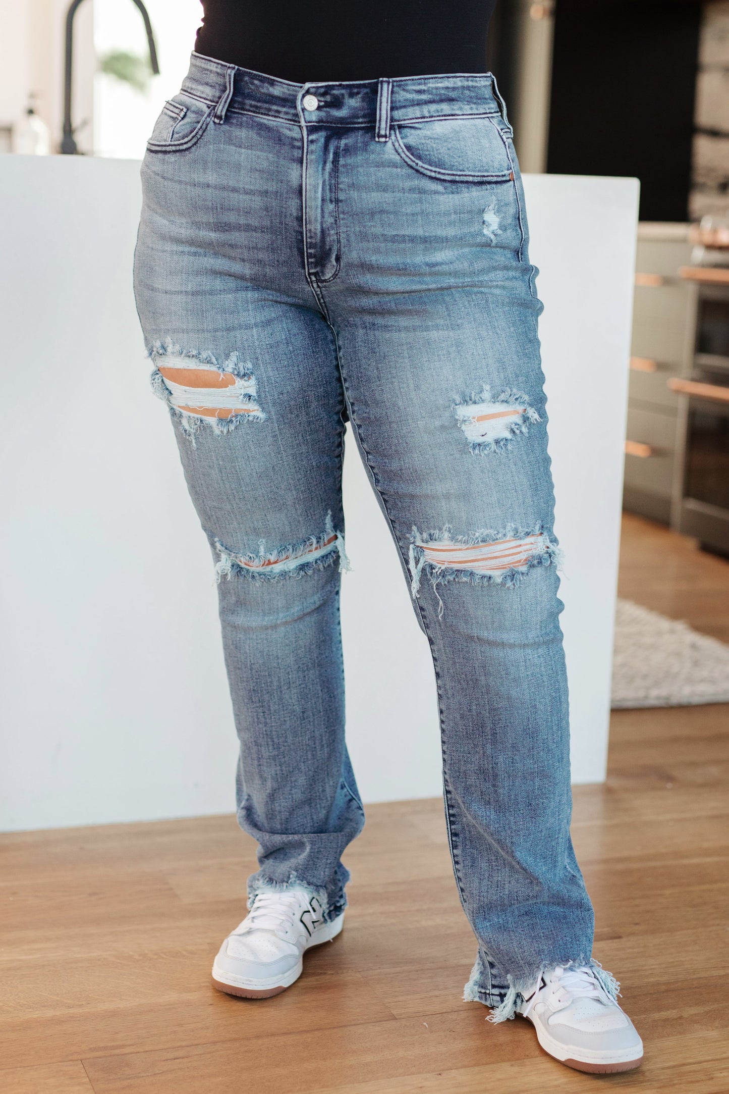 Destroyed Mid Rise Stretch Straight Jeans Judy Blue