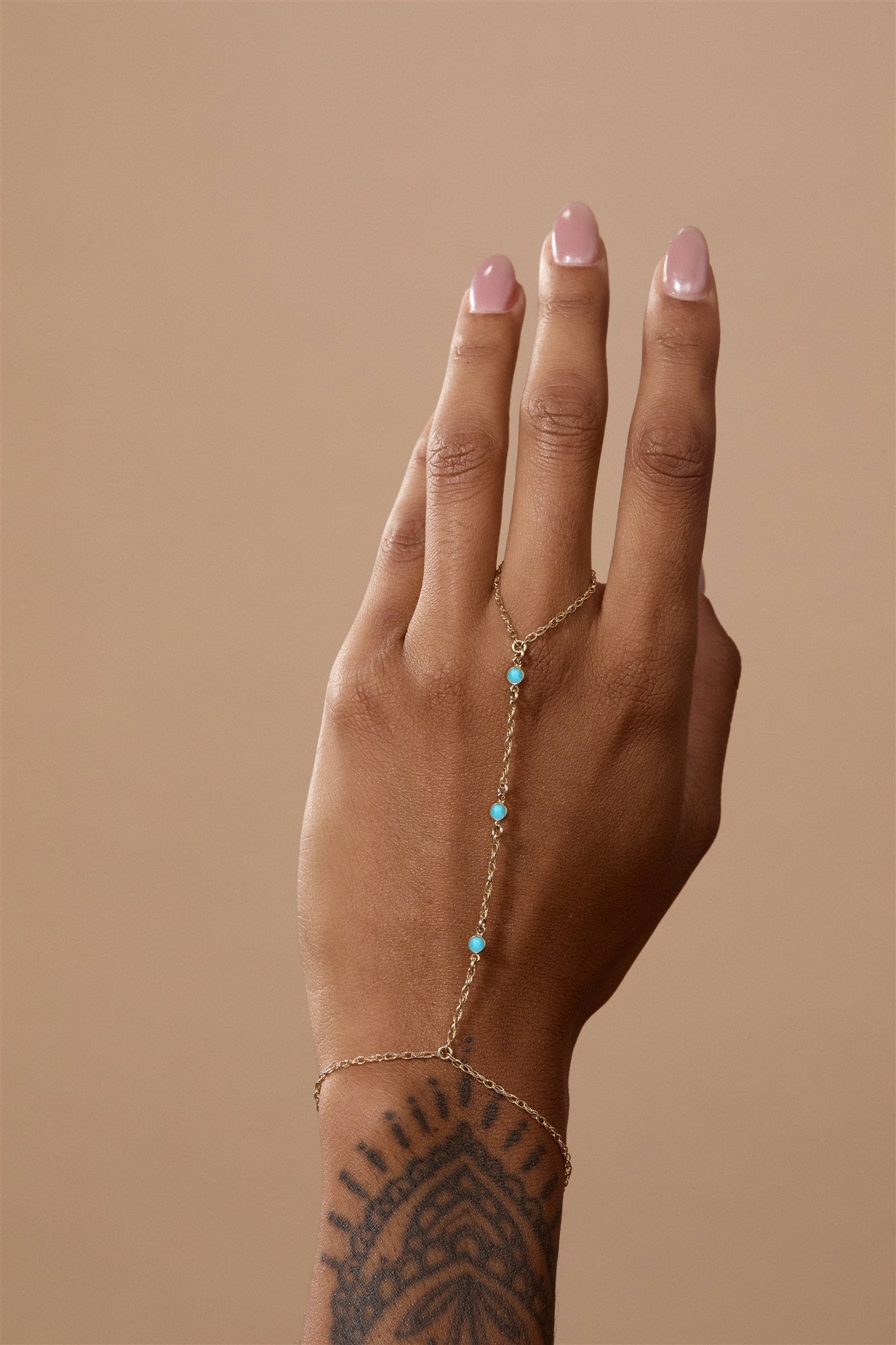 14k Gold Hand Chain with Cubic Zirconia and Turquoise Connectors