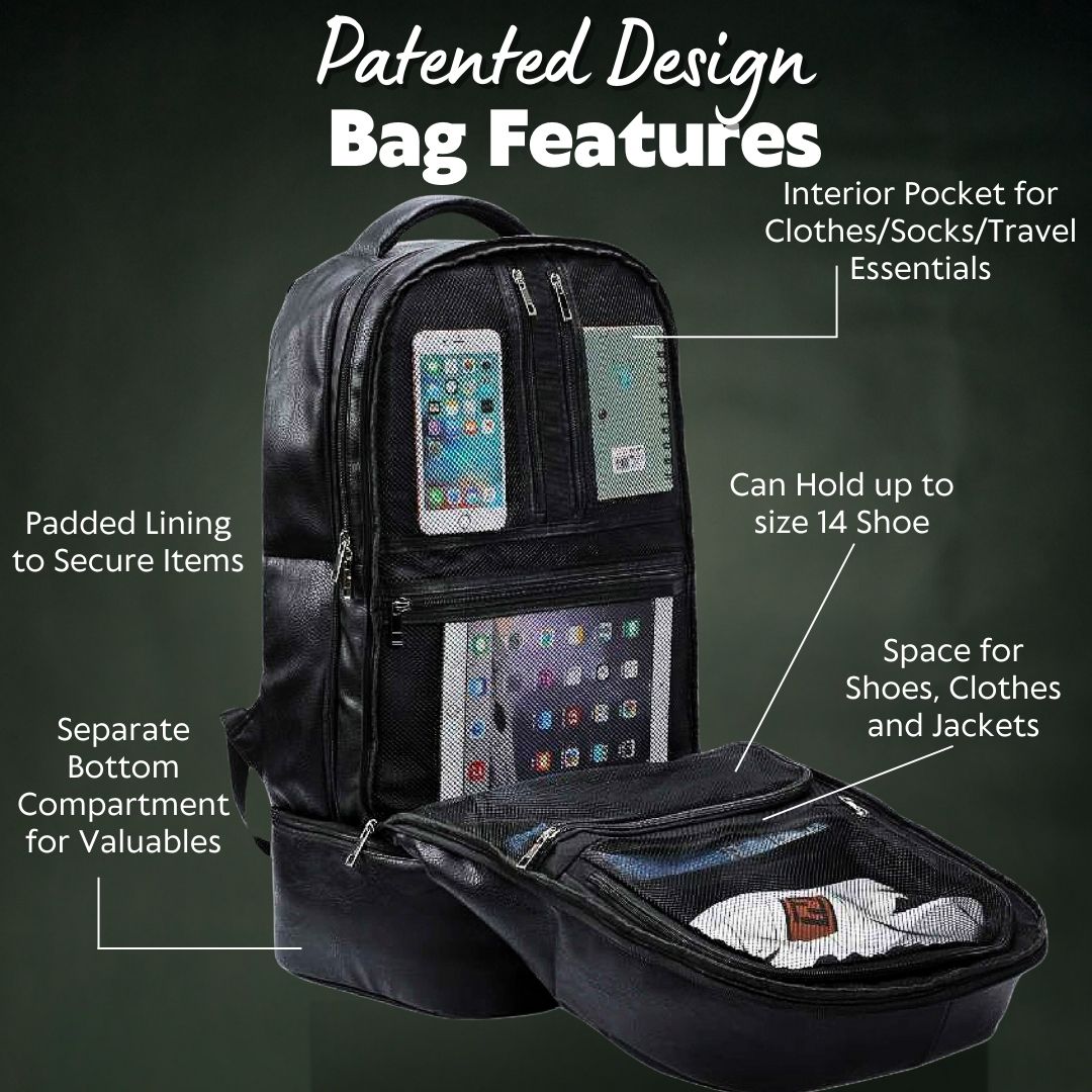 Black Leather Patented Carry On Backpack Sole Premise
