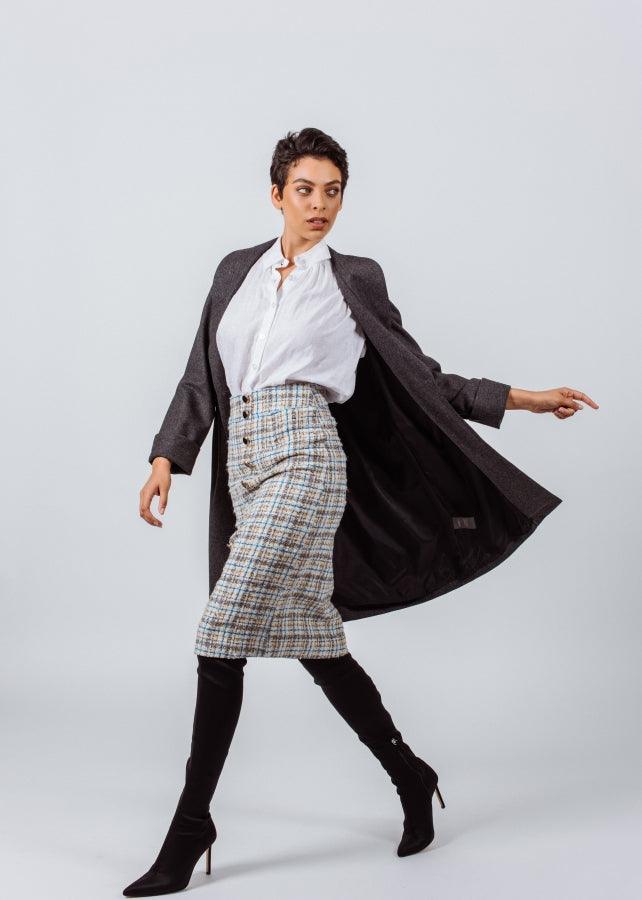 Worsted Flannel Gray Long Trench Coat Women’s Elegant Outerwear