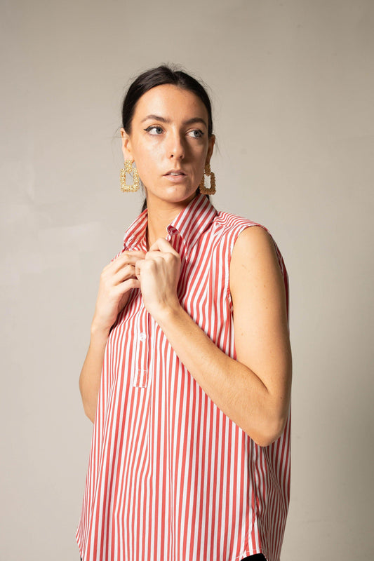 Italian Cotton Stripe Red Sleeveless Top Women’s Chic Summer Top