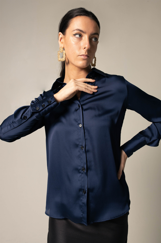 Silk Royal Blue Blouse Women Elegant Top Classy