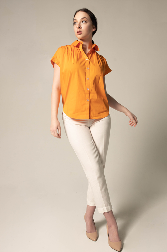 Womens Orange Gather Collar Shirt Gathered Blouse Le Reussi