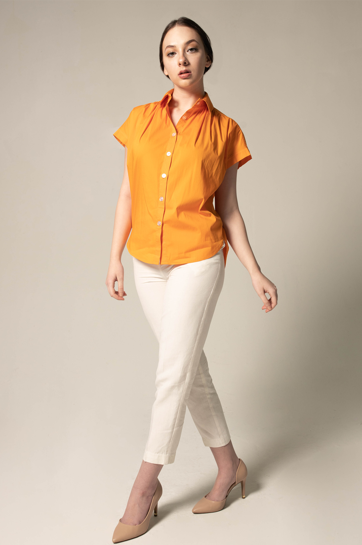 Womens Orange Gather Collar Shirt Gathered Blouse Le Reussi