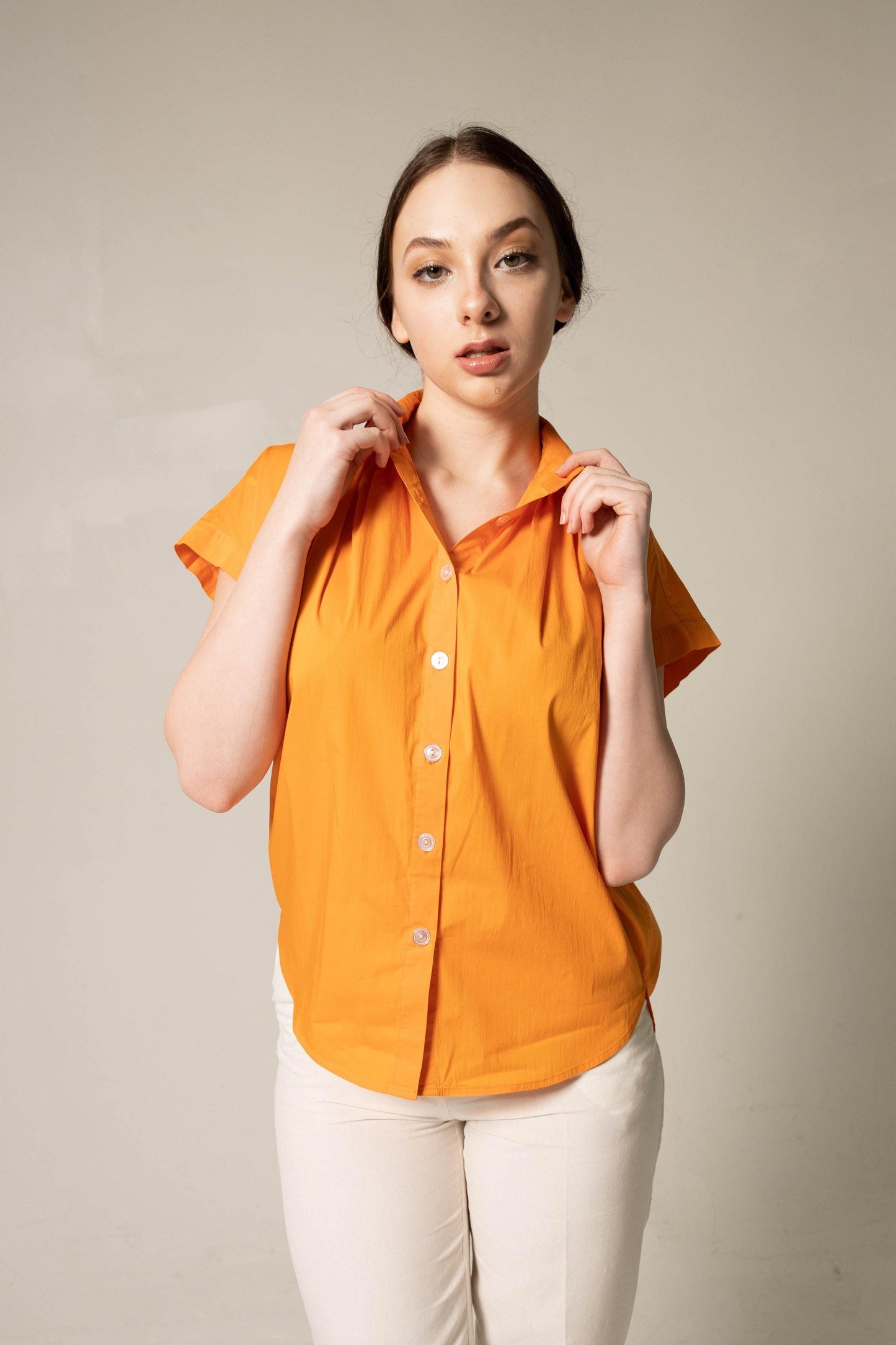 Womens Orange Gather Collar Shirt Gathered Blouse Le Reussi