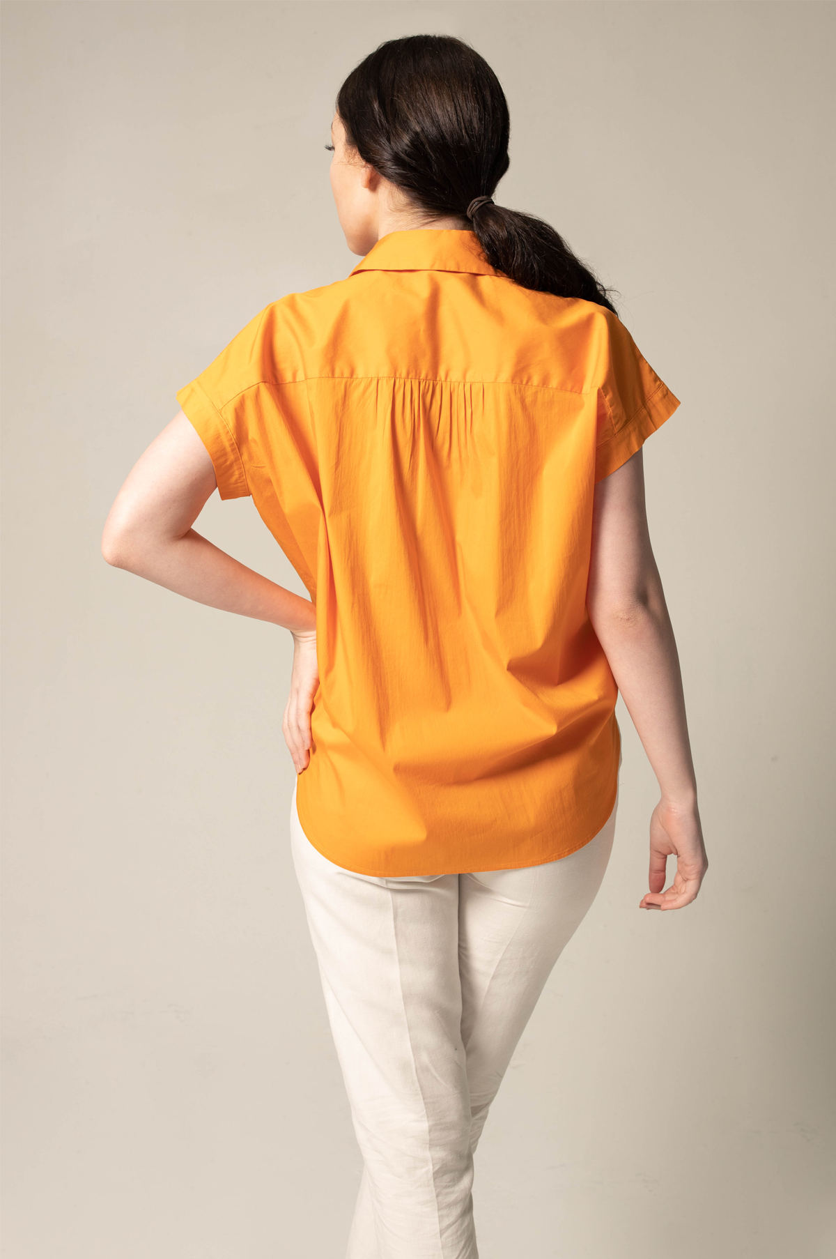 Womens Orange Gather Collar Shirt Gathered Blouse Le Reussi