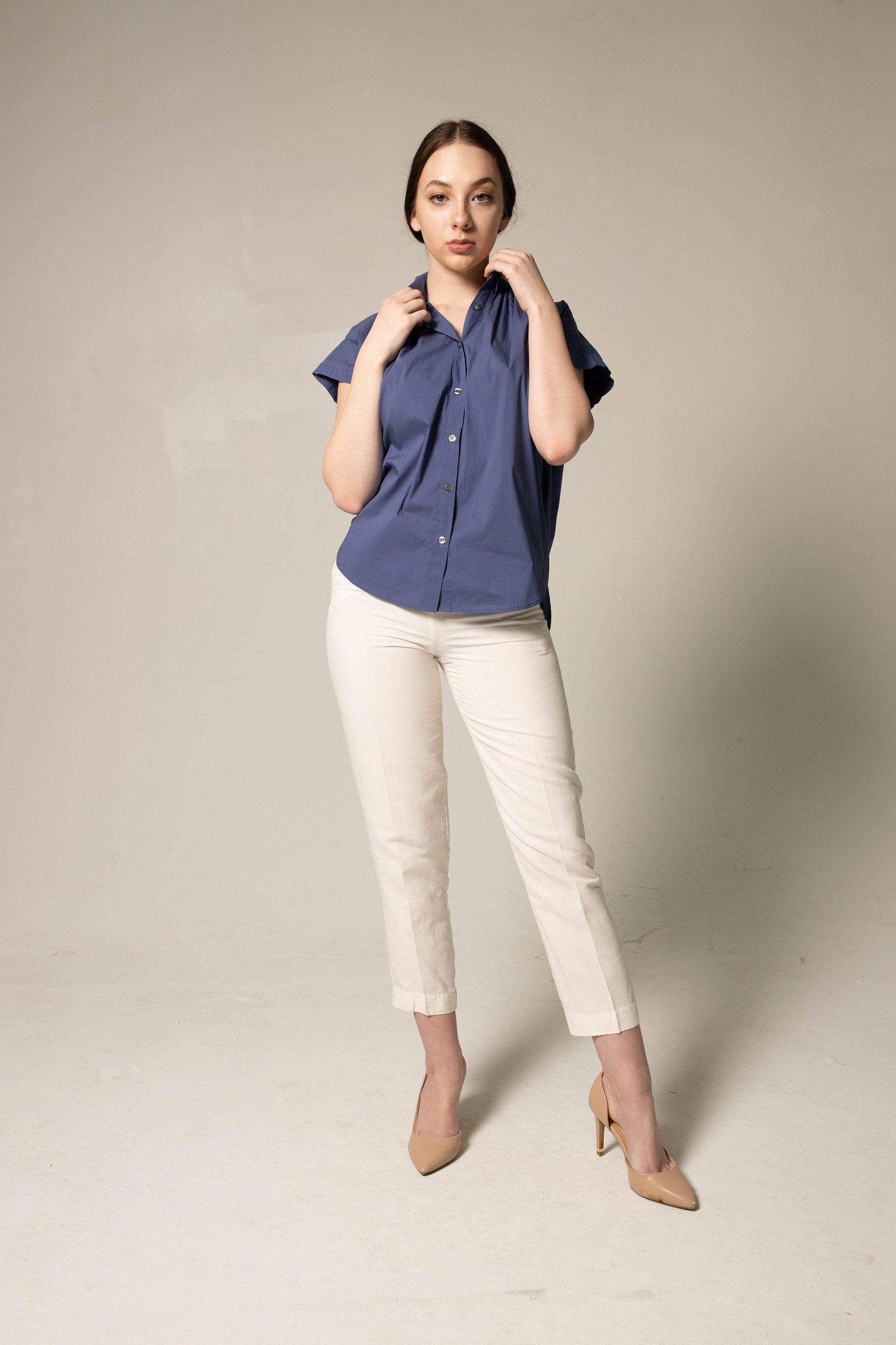 Womens Navy Gather Collar Shirt Blouse Le Reussi