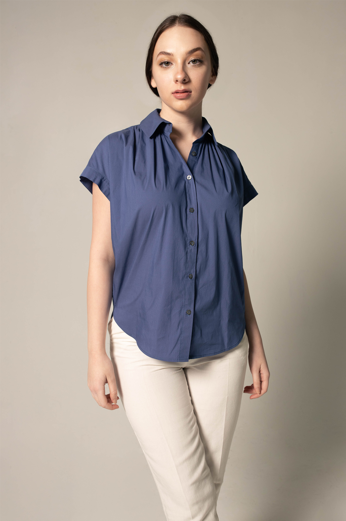 Womens Navy Gather Collar Shirt Blouse Le Reussi