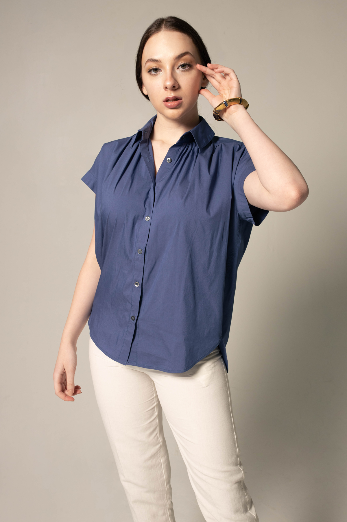 Womens Navy Gather Collar Shirt Blouse Le Reussi