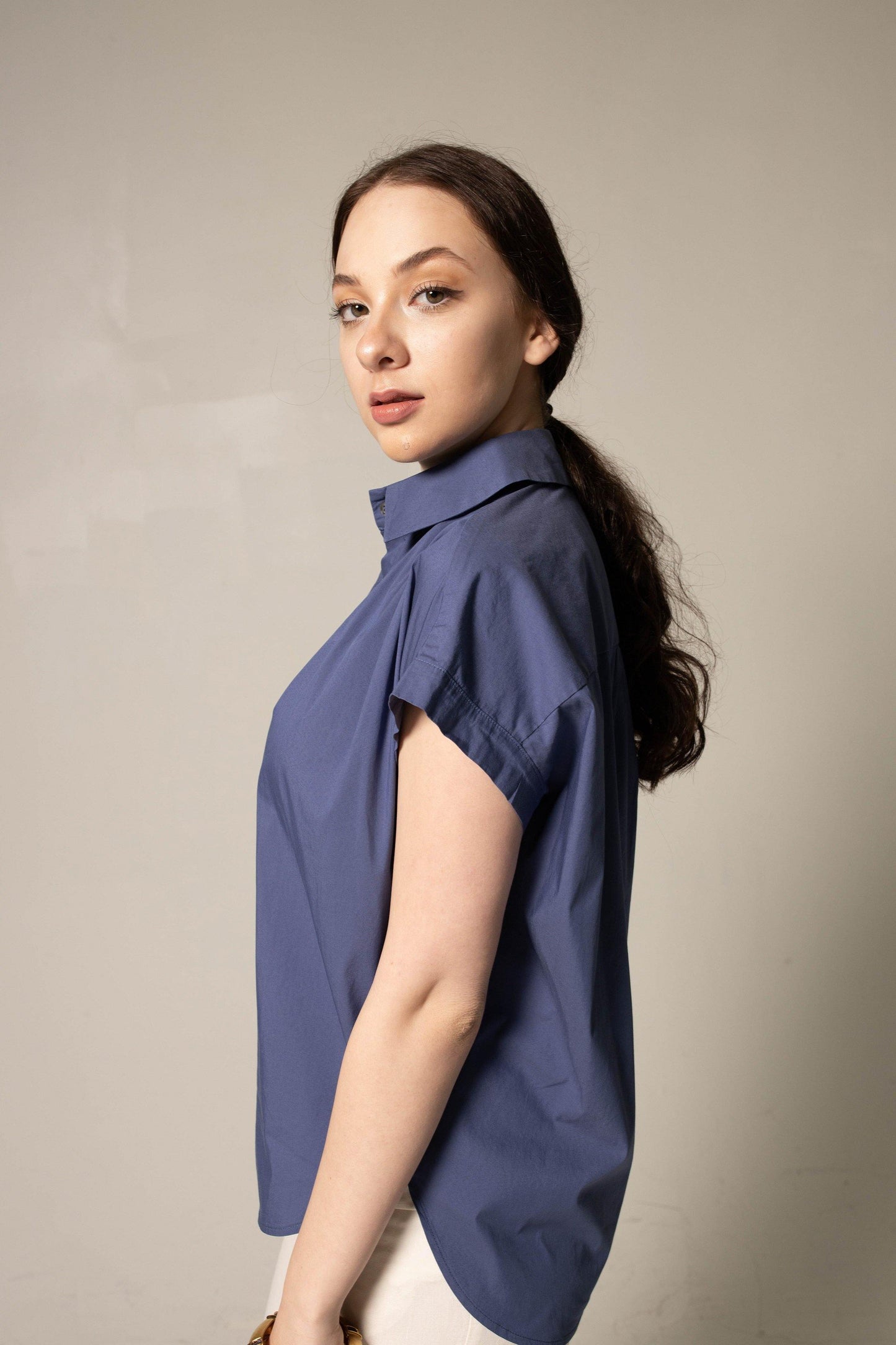 Womens Navy Gather Collar Shirt Blouse Le Reussi