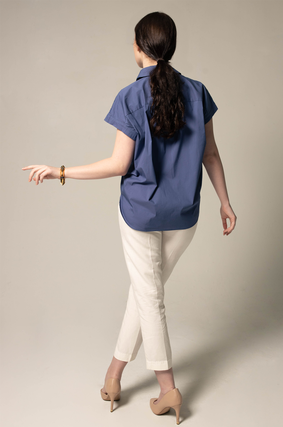 Womens Navy Gather Collar Shirt Blouse Le Reussi