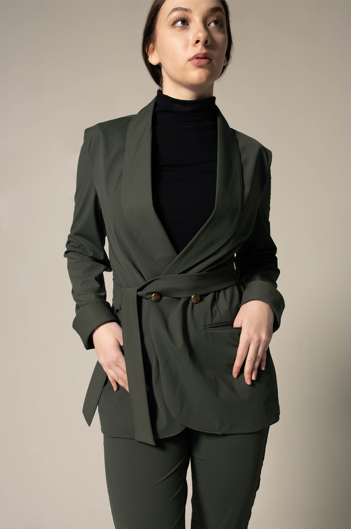 Olive Front Buttons Tailored Blazer Women's Le Reussi(R)