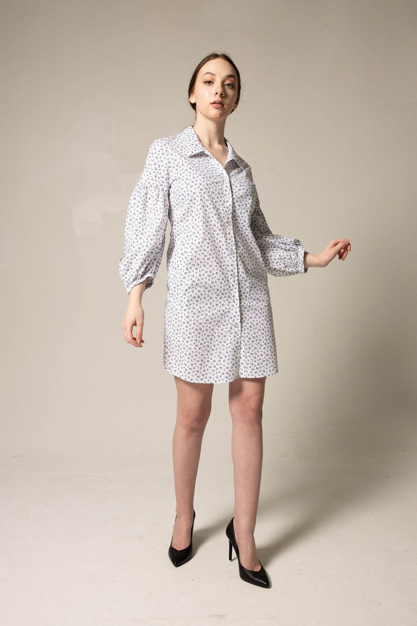 White Floral Oversized Sleeve Shirt Dress Summer Dress