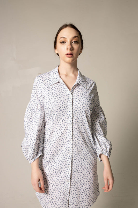 White Floral Oversized Sleeve Shirt Dress Summer Dress