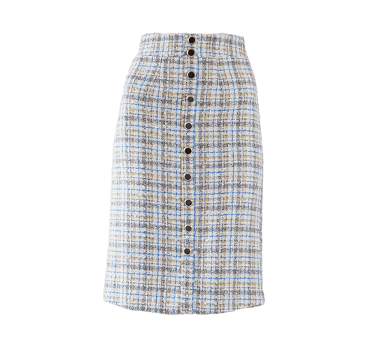 Luxe Plaid Tweed Pencil Skirt White Gold Blue Women’s Chic Tweed Skirt