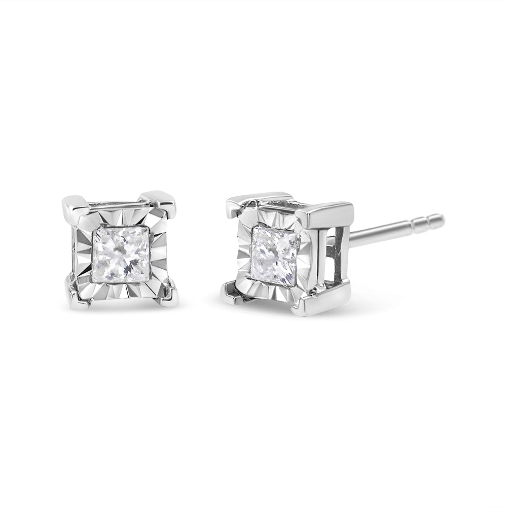 .925 Sterling Silver 1/3 Cttw Miracle Set Princess-Cut Diamond Solitaire Stud Earrings (H-I Color, I1-I2 Clarity)