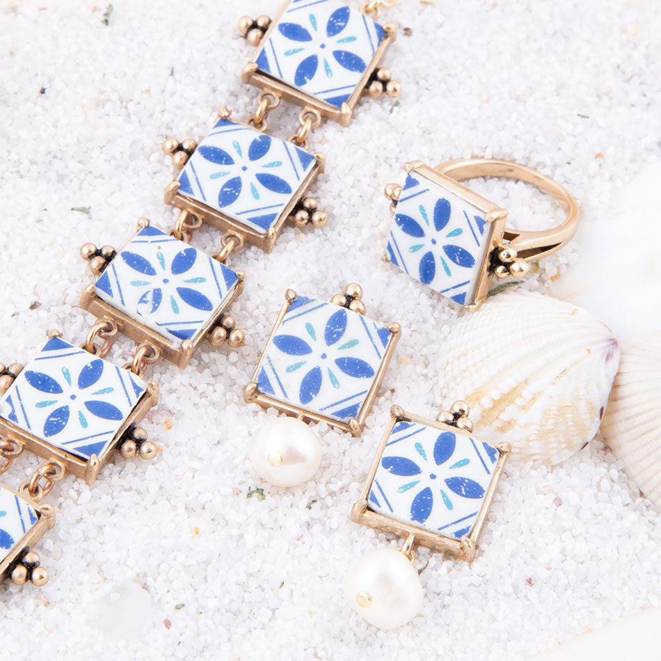 Santorini Dreams Tile Freshwater White Pearl Post Golden Earrings