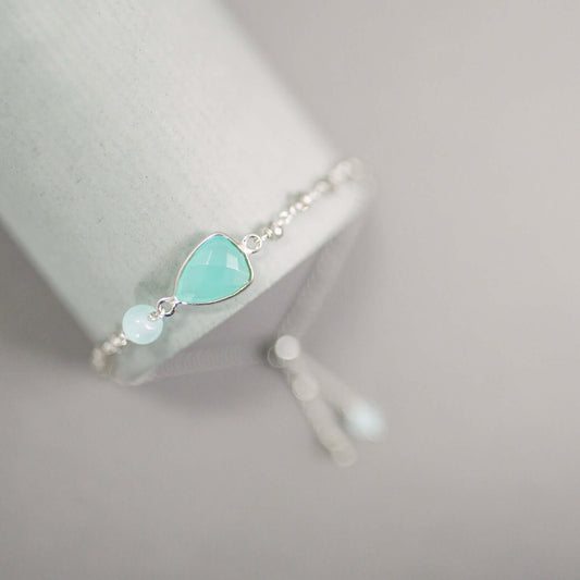 Aqua Chalcedony Adjustable Silver Gemstone Bracelet