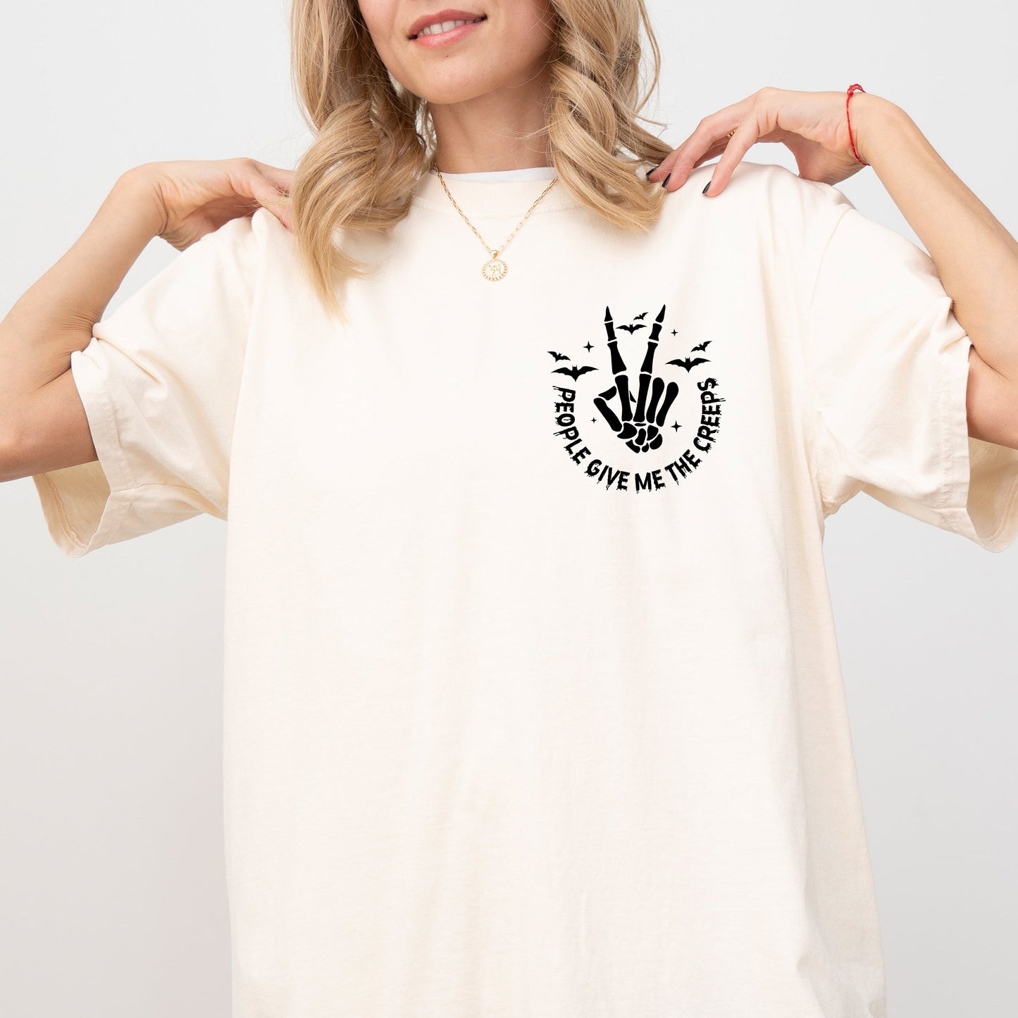 People Give Me The Creeps, Pocket Print, Skeleton, Bats, Witch, Halloween, Spooky Shirt Comfort Colors T-Shirt