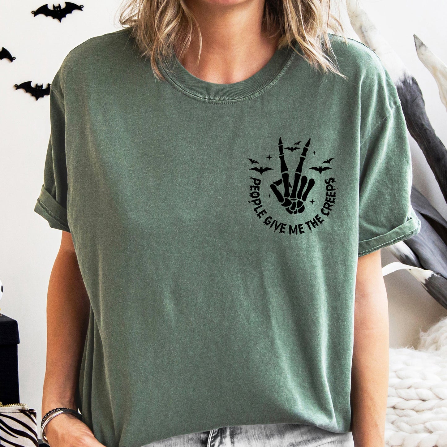 People Give Me The Creeps, Pocket Print, Skeleton, Bats, Witch, Halloween, Spooky Shirt Comfort Colors T-Shirt
