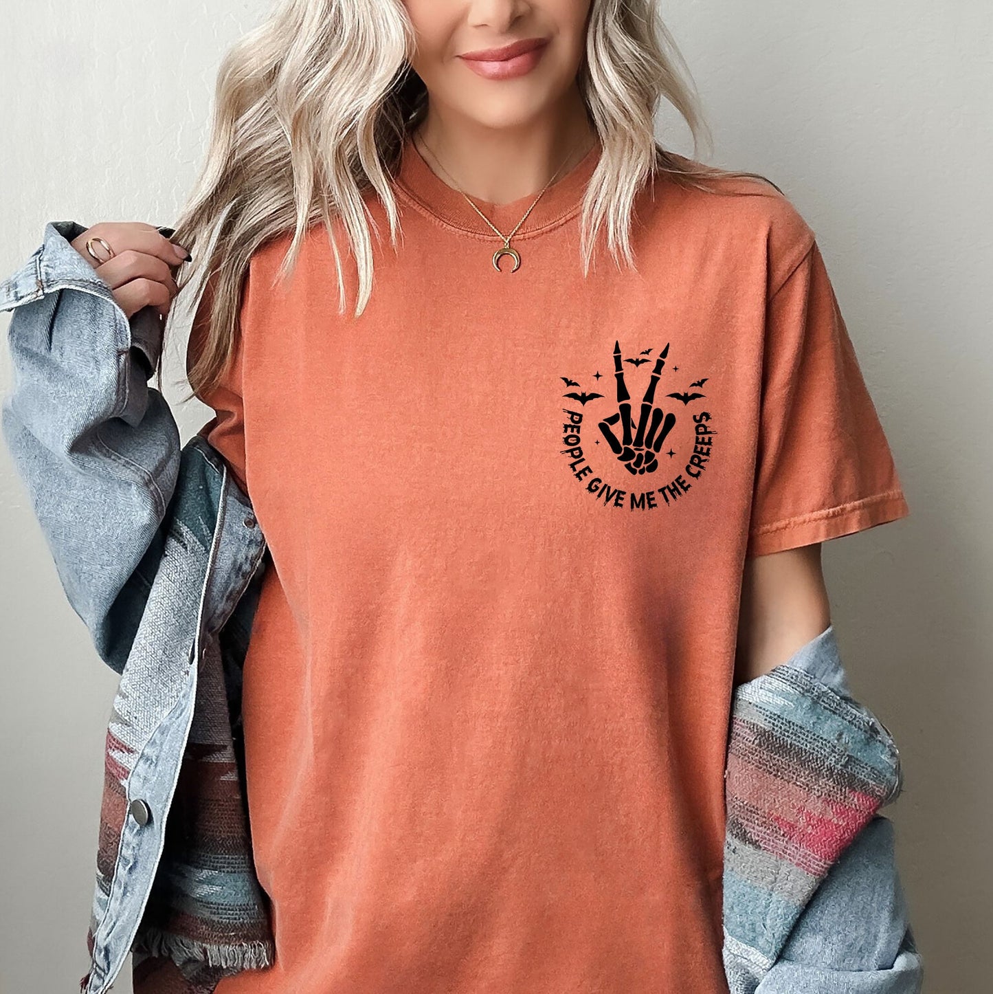 People Give Me The Creeps, Pocket Print, Skeleton, Bats, Witch, Halloween, Spooky Shirt Comfort Colors T-Shirt