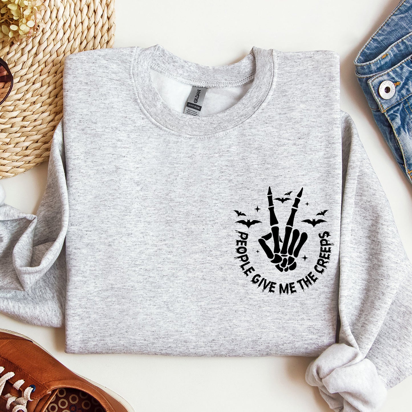 People Give Me The Creeps, Pocket Print, Skeleton, Bats, Witch, Halloween, Spooky Sweatshirt