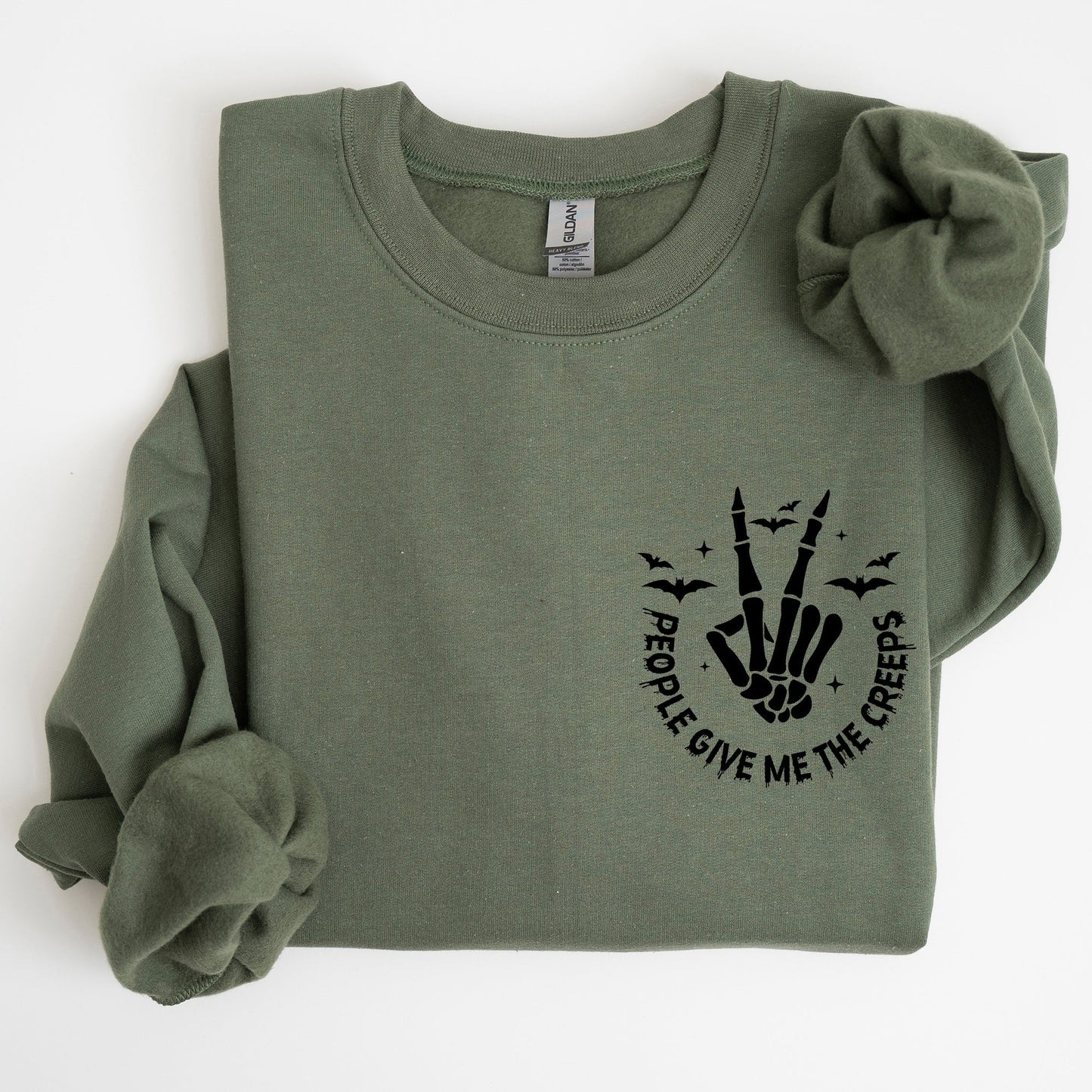 People Give Me The Creeps, Pocket Print, Skeleton, Bats, Witch, Halloween, Spooky Sweatshirt