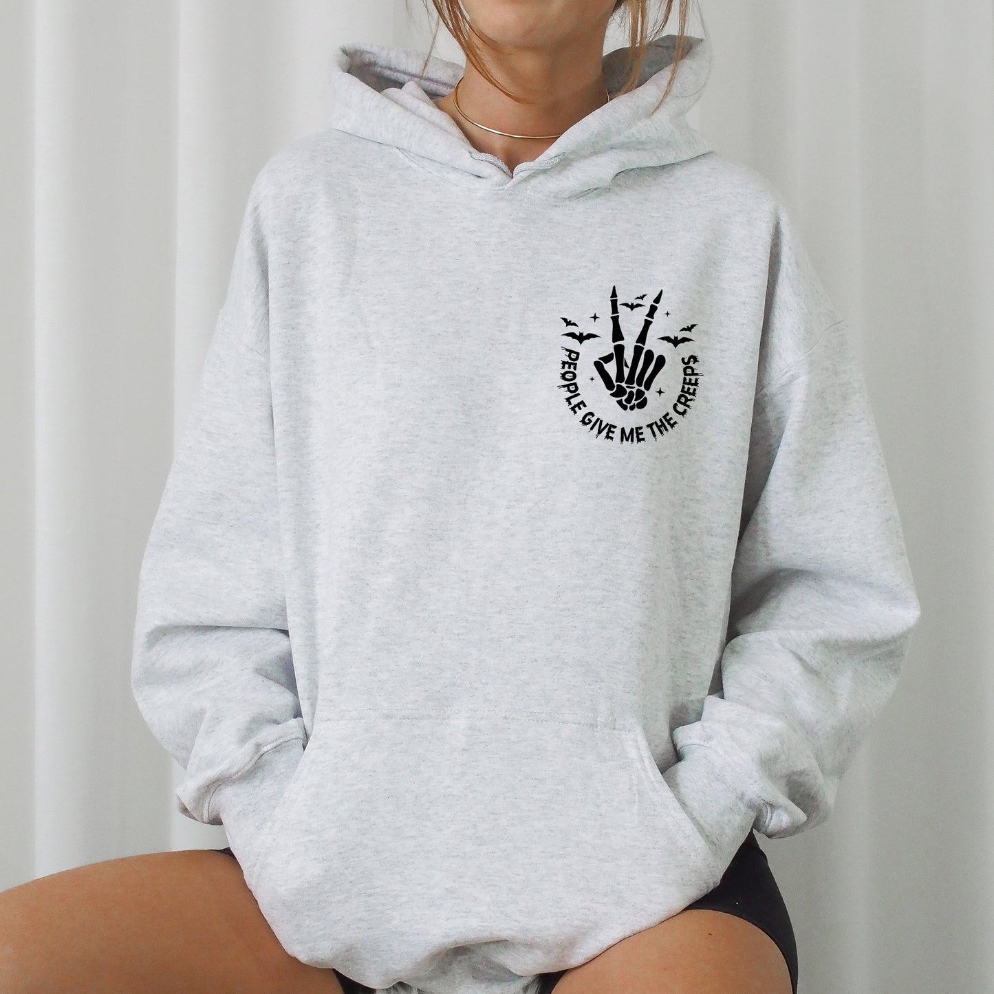 People Give Me The Creeps, Pocket Print, Skeleton, Bats, Witch, Halloween, Spooky Hoodie, Hooded Sweatshirt
