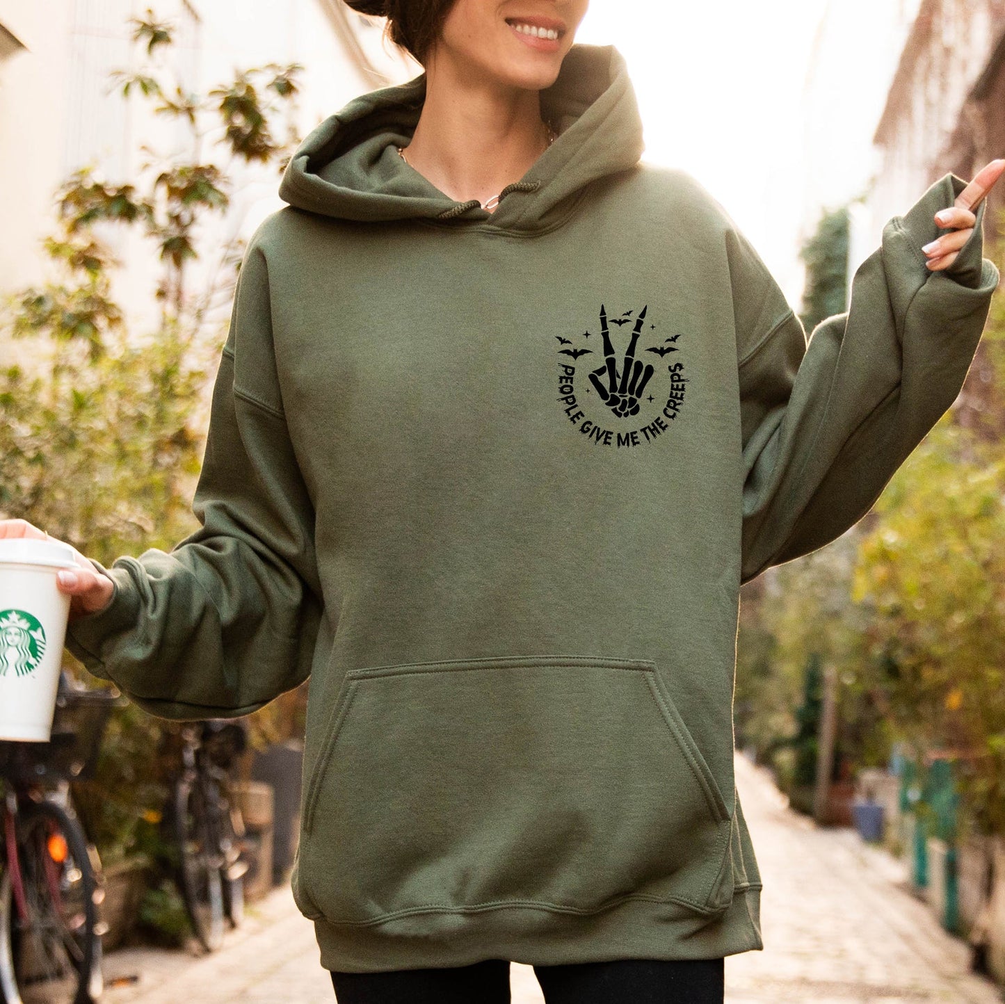 People Give Me The Creeps, Pocket Print, Skeleton, Bats, Witch, Halloween, Spooky Hoodie, Hooded Sweatshirt