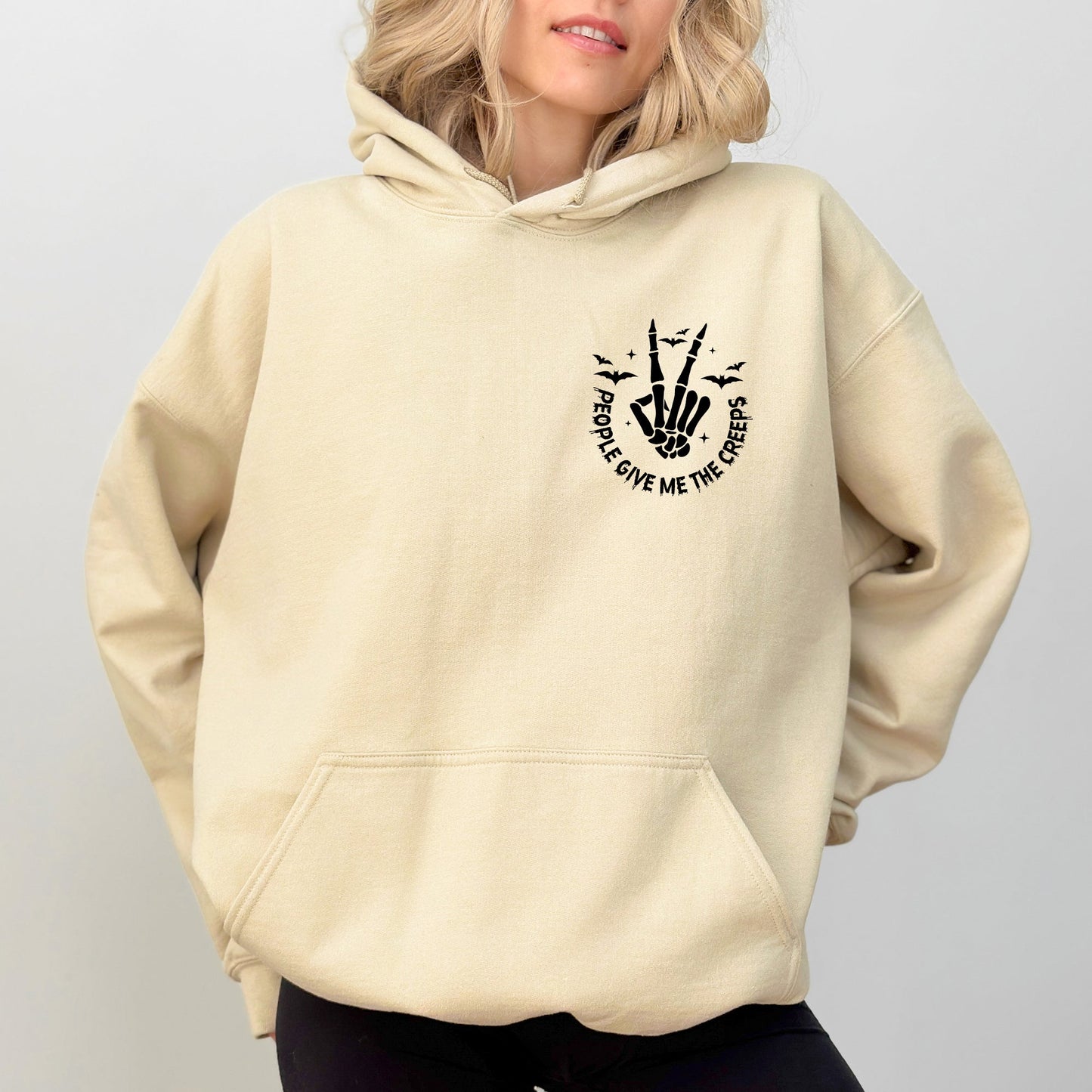 People Give Me The Creeps, Pocket Print, Skeleton, Bats, Witch, Halloween, Spooky Hoodie, Hooded Sweatshirt