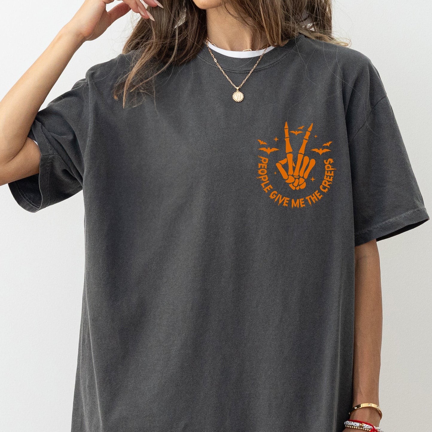 People Give Me The Creeps, Pocket Print, Skeleton, Bats, Witch, Halloween, Spooky Shirt Comfort Colors T-Shirt