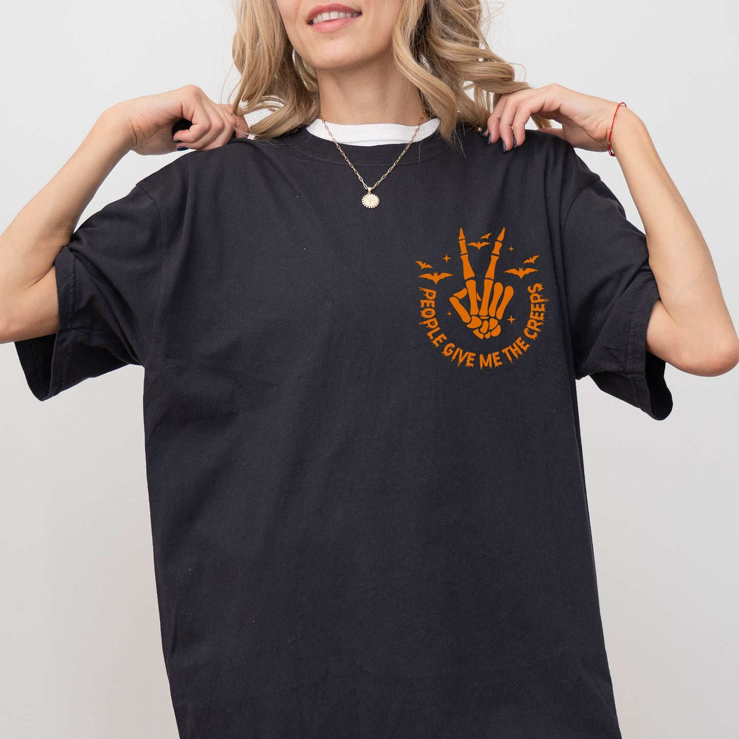 People Give Me The Creeps, Pocket Print, Skeleton, Bats, Witch, Halloween, Spooky Shirt Comfort Colors T-Shirt