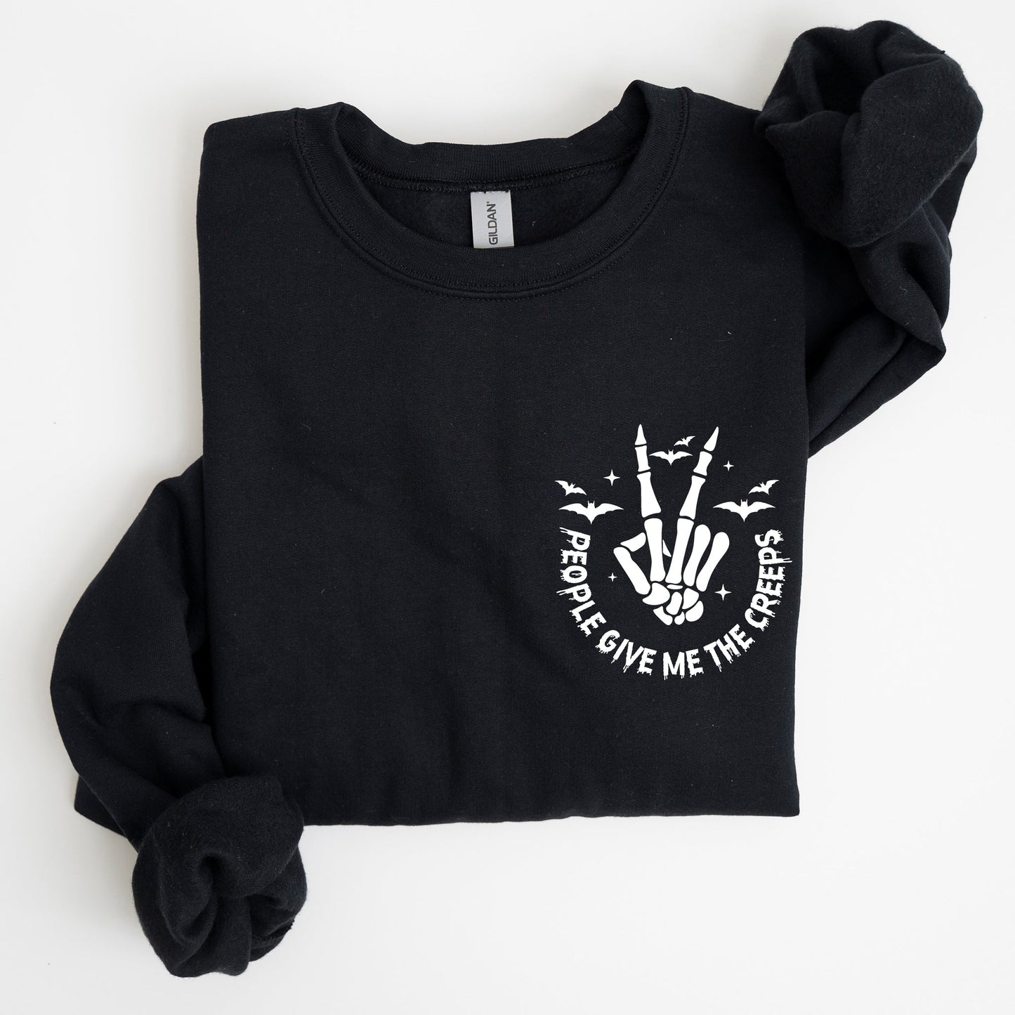 People Give Me The Creeps, Pocket Print, Skeleton, Bats, Witch, Halloween, Spooky Sweatshirt