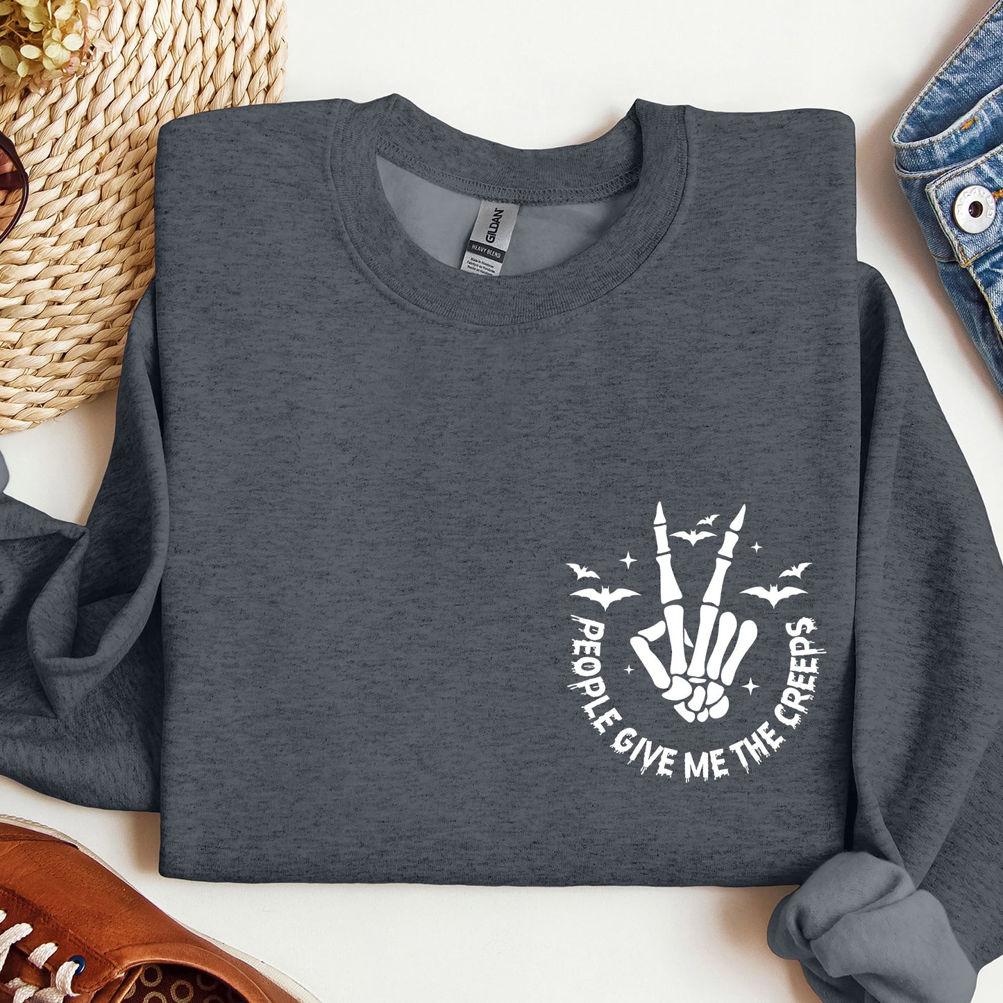 People Give Me The Creeps, Pocket Print, Skeleton, Bats, Witch, Halloween, Spooky Sweatshirt