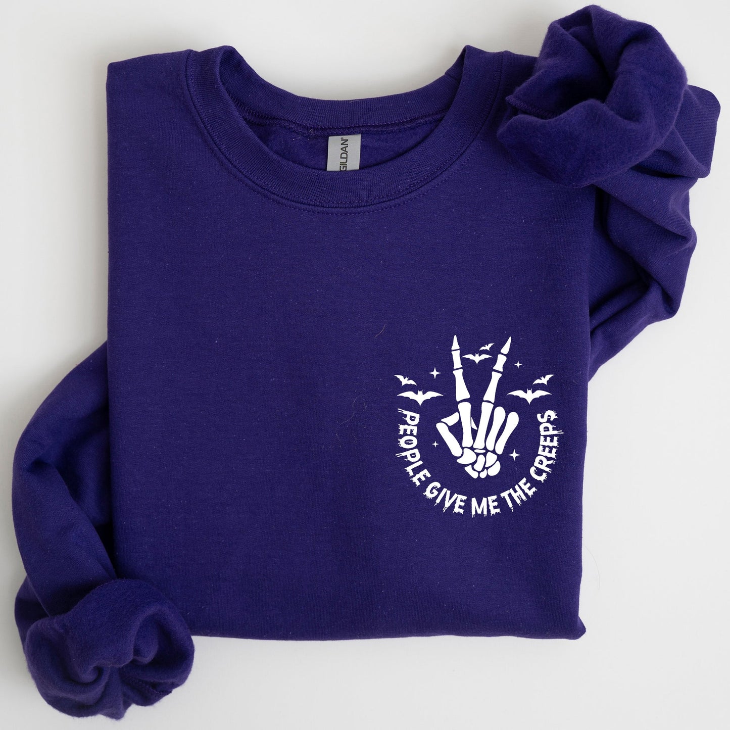 People Give Me The Creeps, Pocket Print, Skeleton, Bats, Witch, Halloween, Spooky Sweatshirt