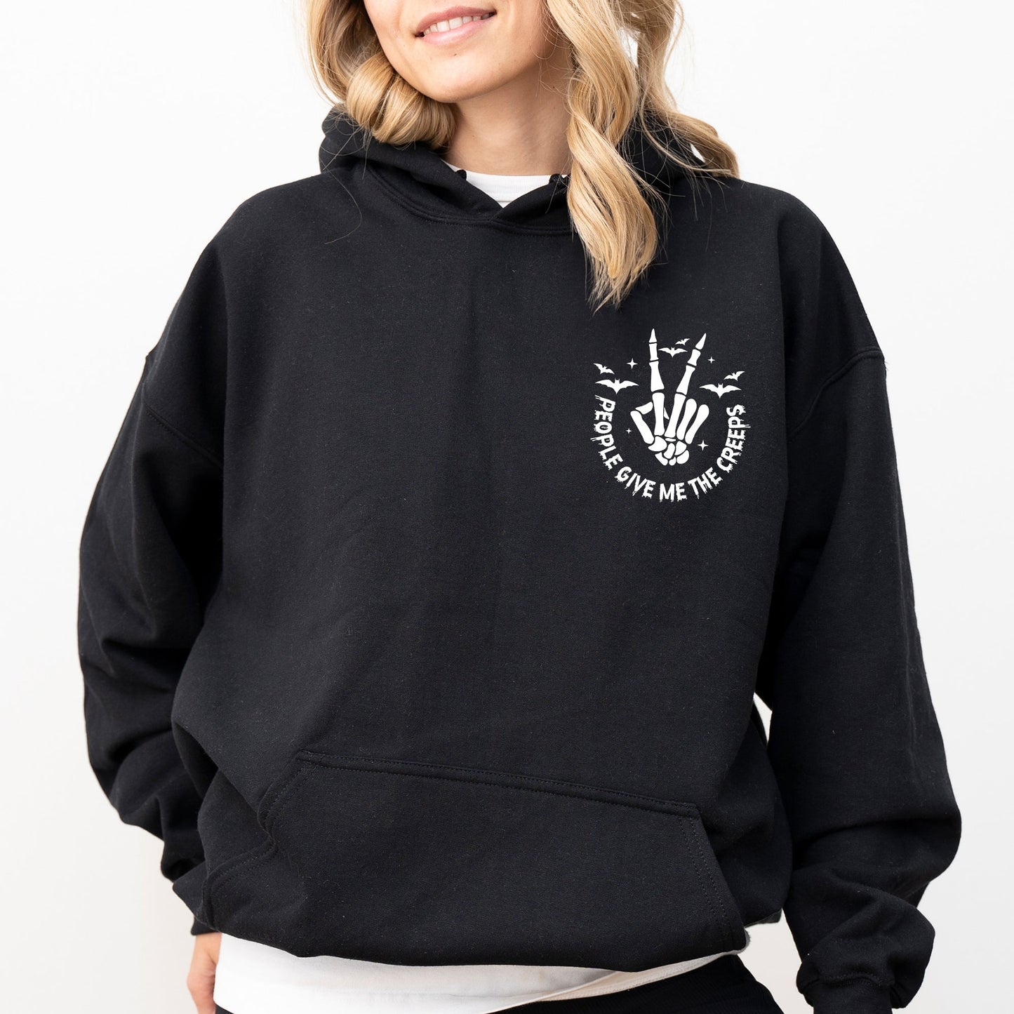 People Give Me The Creeps, Pocket Print, Skeleton, Bats, Witch, Halloween, Spooky Hoodie, Hooded Sweatshirt