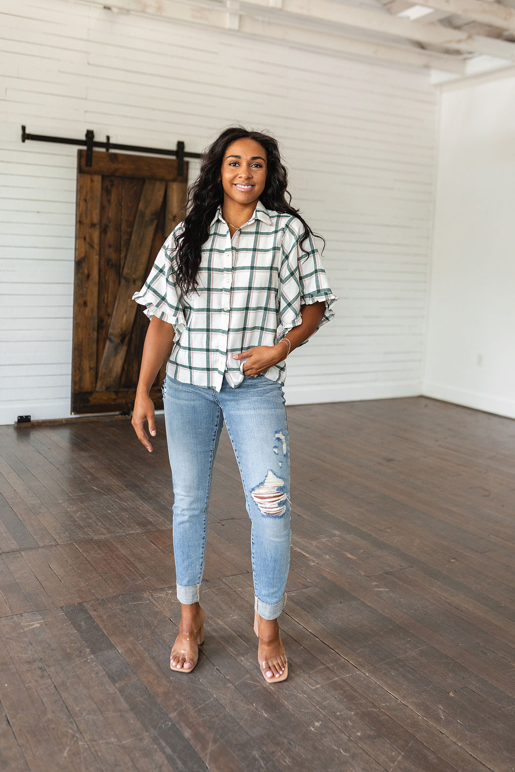 Plaid Ruffle Trim Dolman Sleeve Top Perfect Picnic Plaid Top