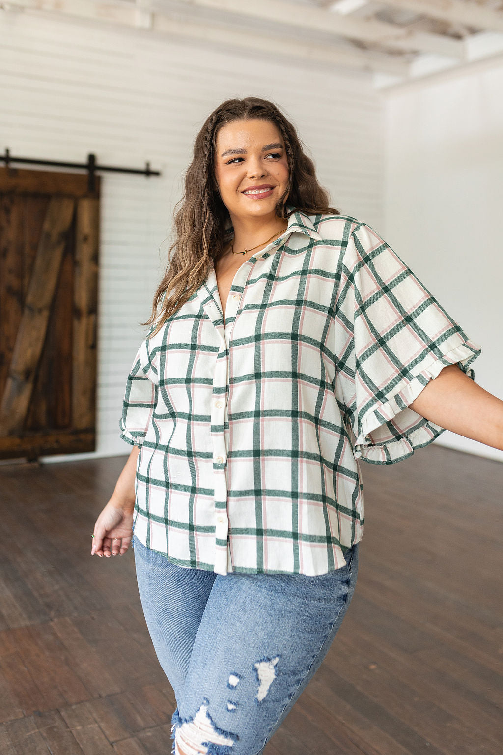 Plaid Ruffle Trim Dolman Sleeve Top Perfect Picnic Plaid Top