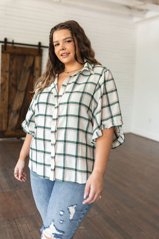 Plaid Ruffle Trim Dolman Sleeve Top Perfect Picnic Plaid Top