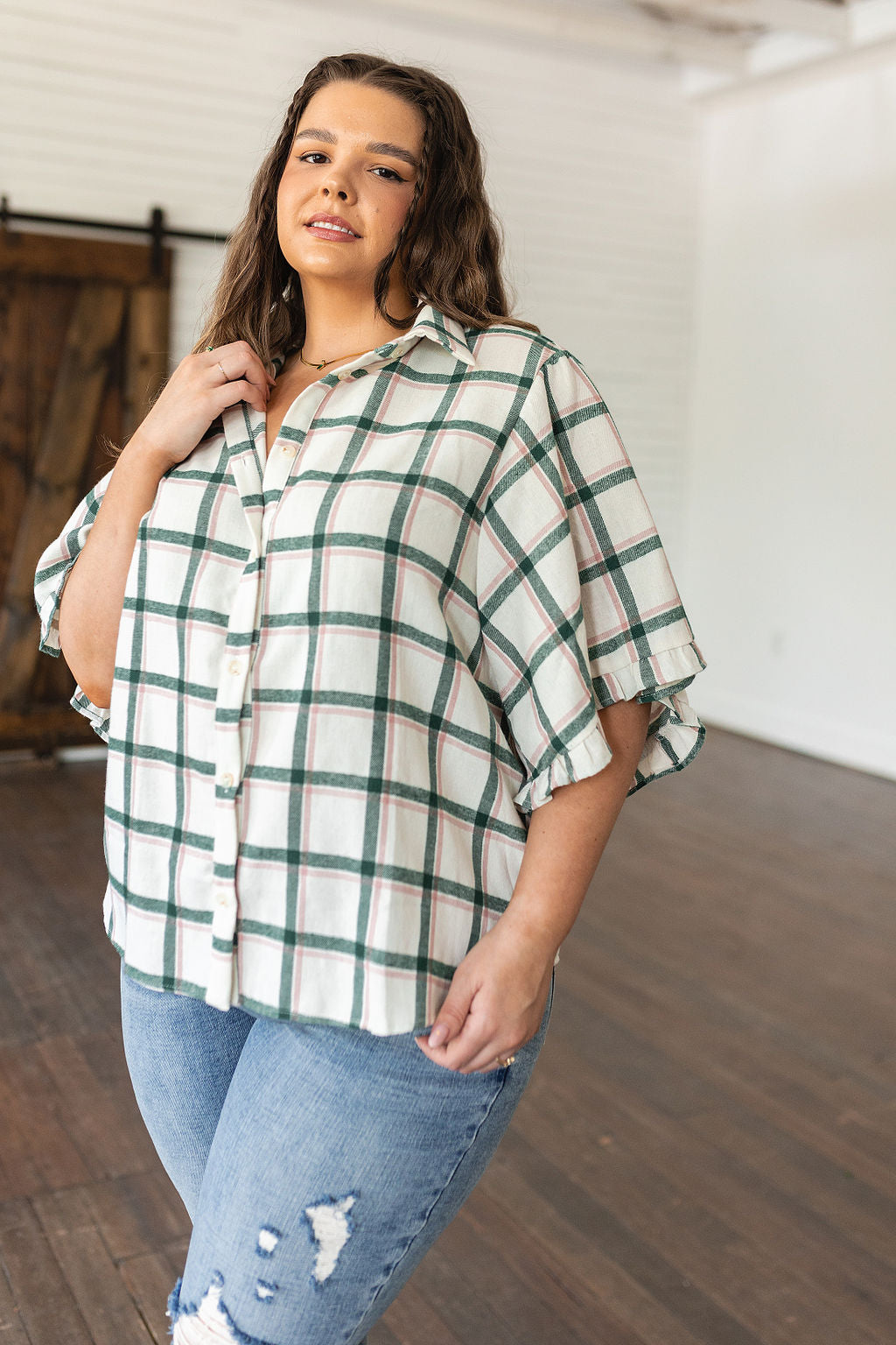 Plaid Ruffle Trim Dolman Sleeve Top Perfect Picnic Plaid Top
