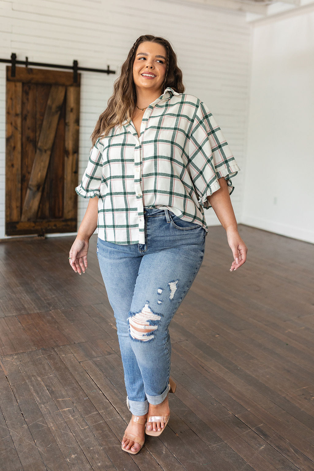 Plaid Ruffle Trim Dolman Sleeve Top Perfect Picnic Plaid Top
