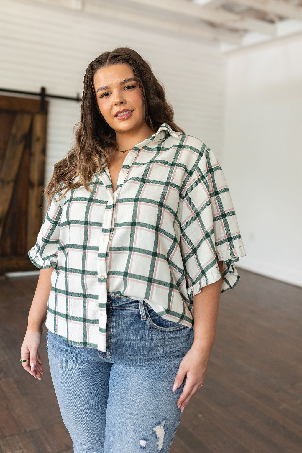 Plaid Ruffle Trim Dolman Sleeve Top Perfect Picnic Plaid Top