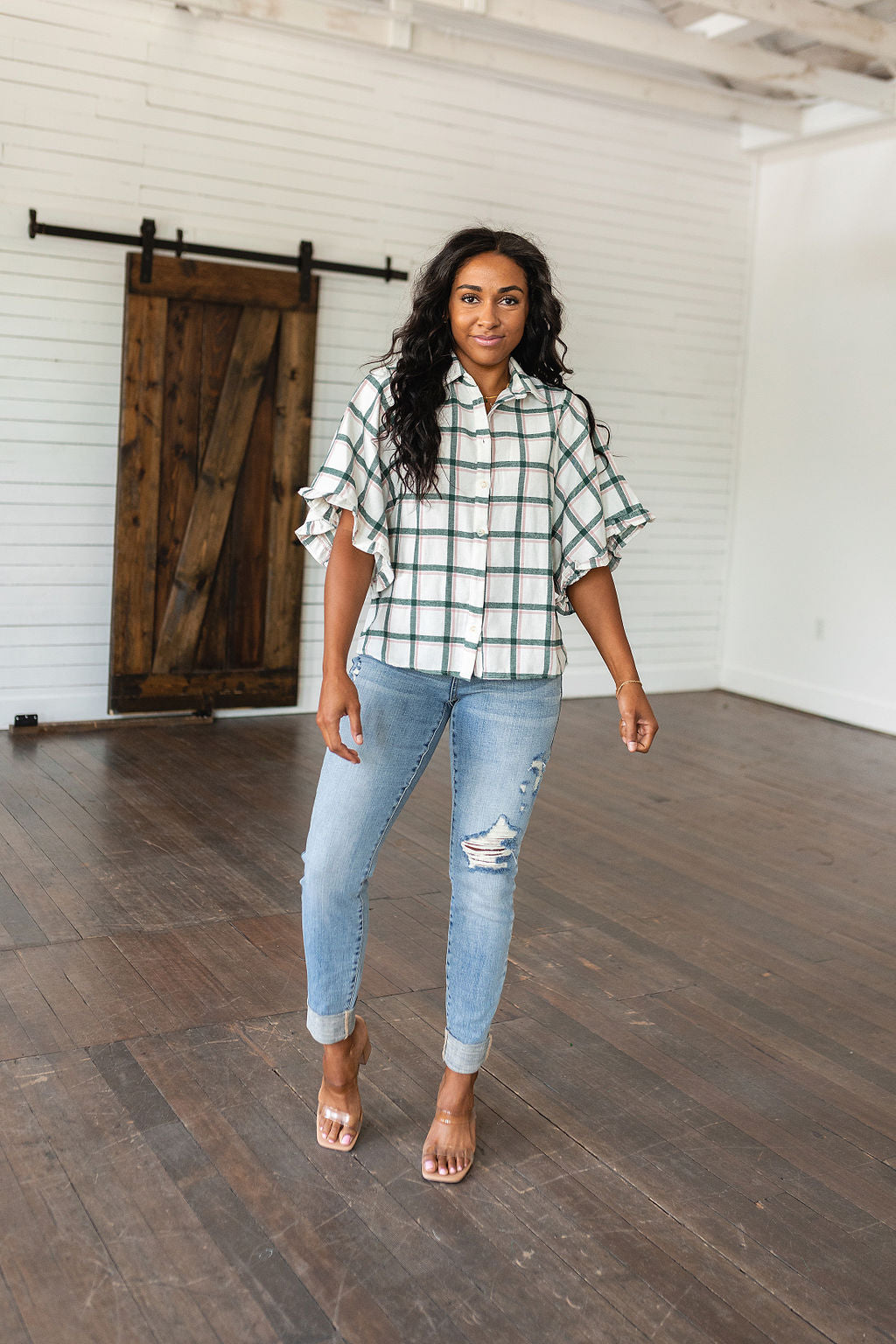 Plaid Ruffle Trim Dolman Sleeve Top Perfect Picnic Plaid Top